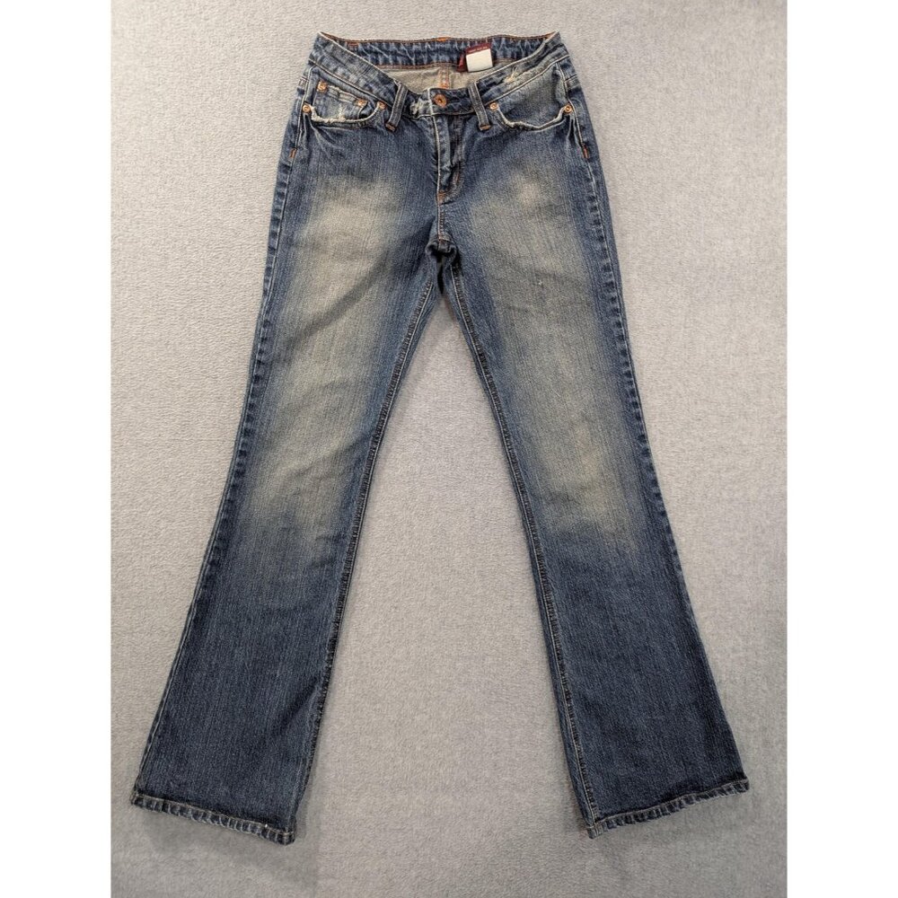 Bongo Jeans Juniors 7 Blue Medium Wash Mid Rise Bootcut Distressed Stretch Denim